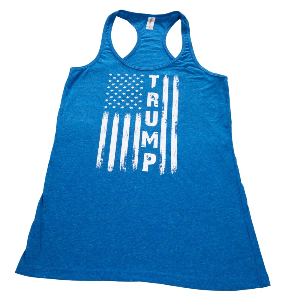 Women’s Large Blue Trump American Flag Racerback Tank Top Patriotic USA Shirt